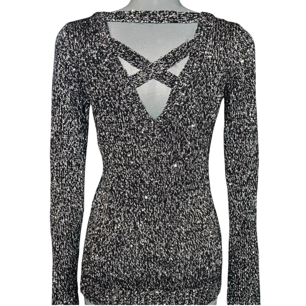 GUESS Black & White Silver Sequin Sweater Shirt  Criss Cross Back Women's SZ XS